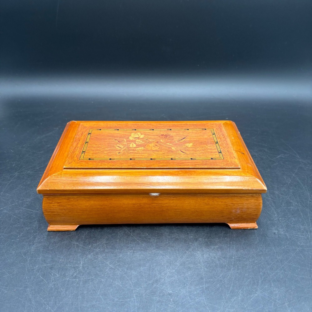 Vintage Wooden Jewelry Box Floral Marquetry Inlay Red Velvet Mirror Footed 9in